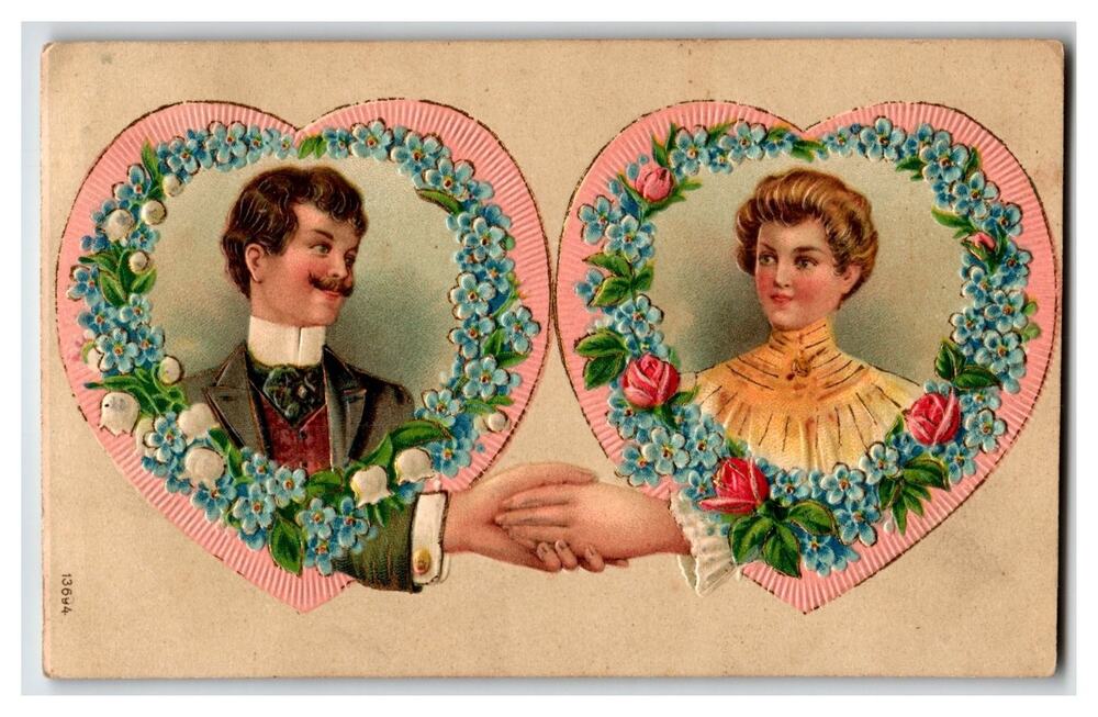 Vintage Embossed Valentine Postcard Couple Hands Forget-Me-Nots Hearts 1905